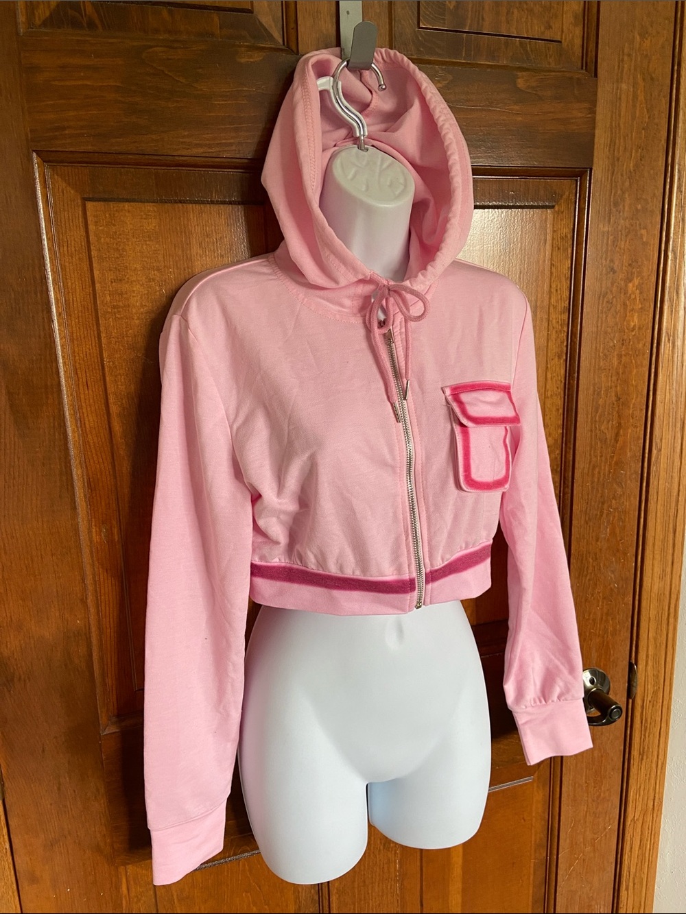 Lovely Wholesale Pink Zip Crop hoodie pocket detail Streetwear Size Small